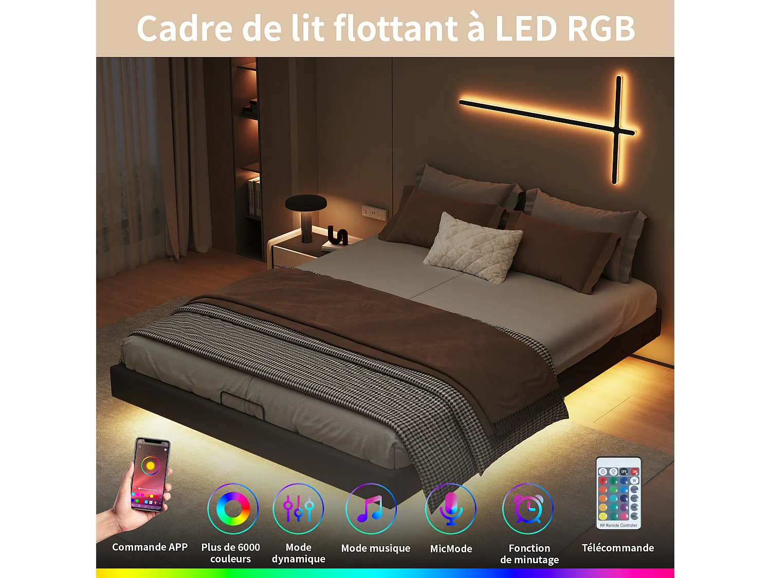 Lit flottant, 160 x 200 cm, sans tête de lit, lit pour adolescent, lit double avec espace de rangement, lit fonctionnel pour adulte, avec sommier à lattes, noir