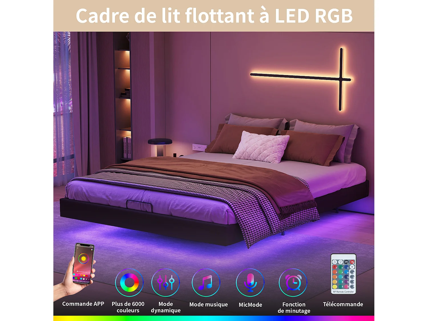 Lit flottant, 160 x 200 cm, sans tête de lit, lit pour adolescent, lit double avec espace de rangement, lit fonctionnel pour adulte, avec sommier à lattes, noir