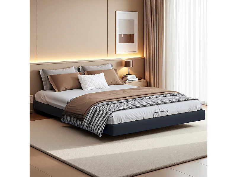 Letto flottante 160x200 cm senza testiera, letto matrimoniale con spazio di archiviazione, letto funzionale per adolescenti e adulti, con rete a doghe, nero