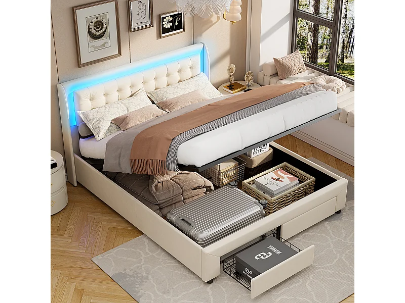 Opbergbed 140x190 cm met lattenbodem, gestoffeerd bed met opbergruimte, tweepersoonsbed met led-verlichting, fluweel, beige