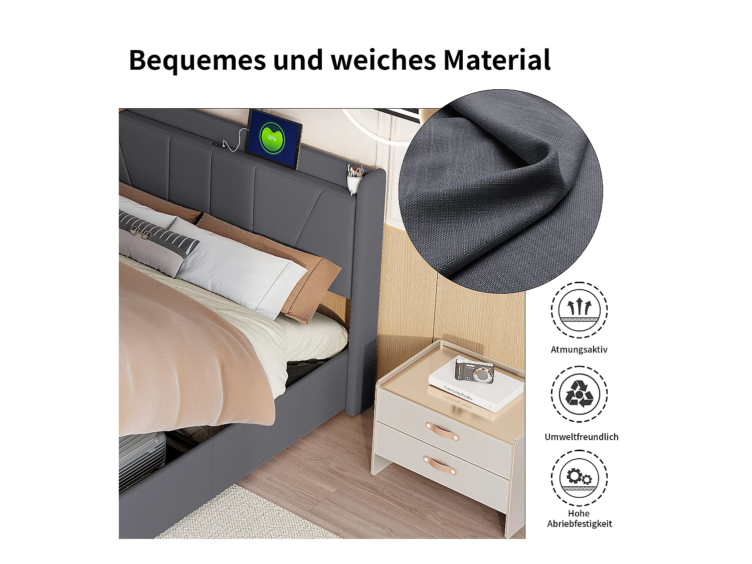 Lit double rembourré 160 x 200 cm, avec espace de rangement, cadre de lit avec USB/type C, Gris