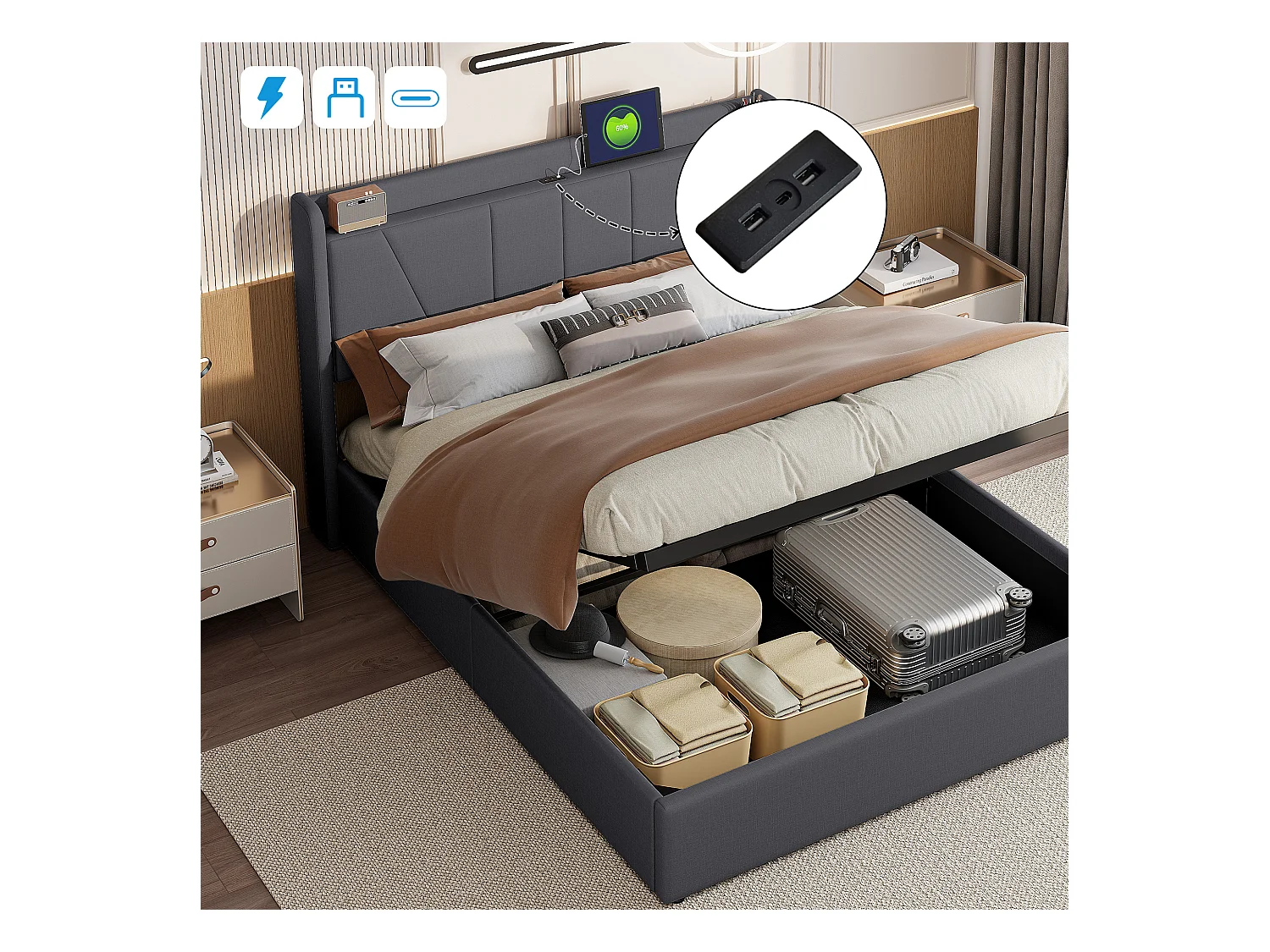 Lit double rembourré 160 x 200 cm, avec espace de rangement, cadre de lit avec USB/type C, Gris