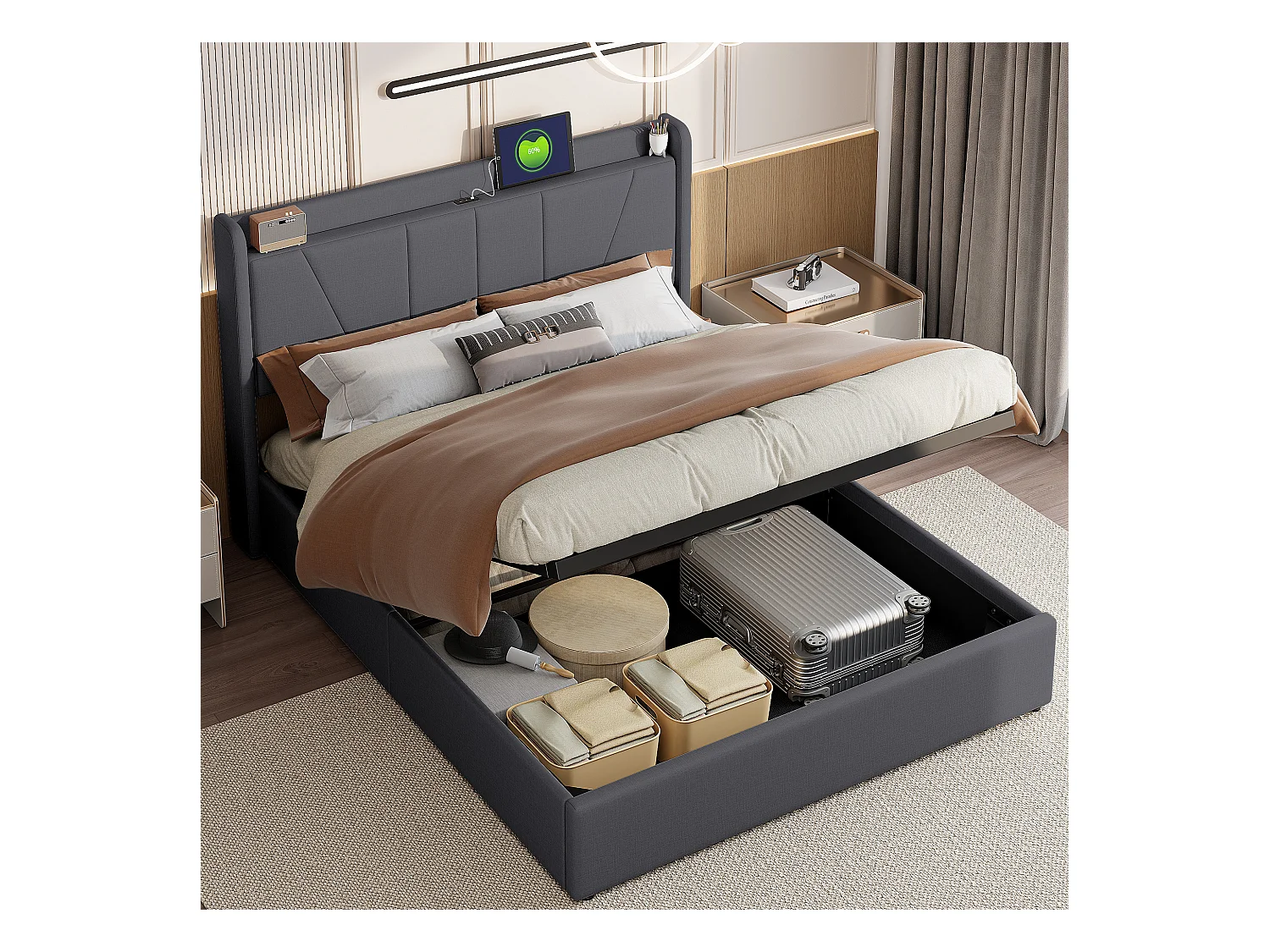 Gestoffeerd tweepersoonsbed 160 x 200 cm, met opbergruimte, bedframe met USB/Type C, Grijs