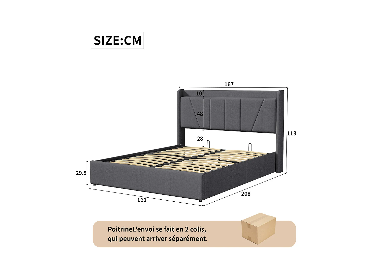 Lit double rembourré 160 x 200 cm, avec espace de rangement, cadre de lit avec USB/type C, Gris