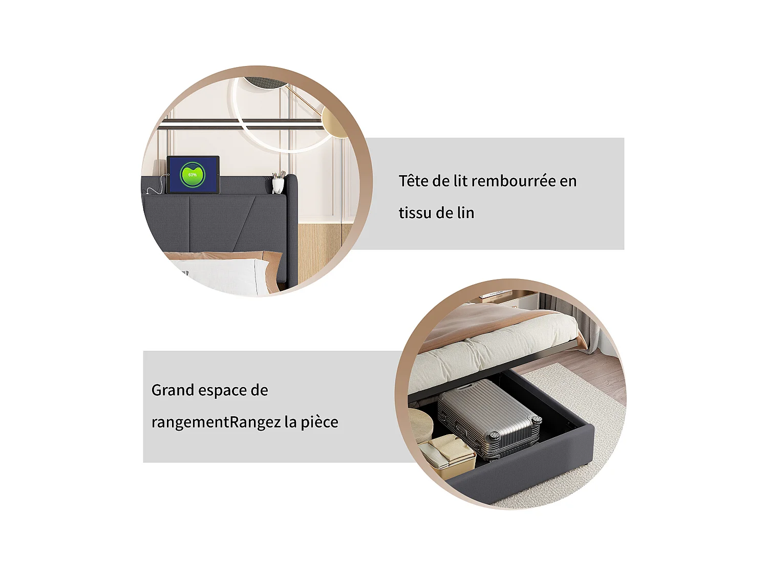 Lit double rembourré 160 x 200 cm, avec espace de rangement, cadre de lit avec USB/type C, Gris
