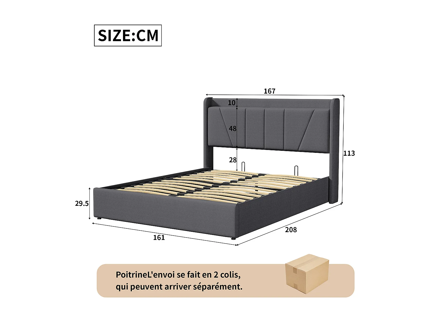 Cama de casal estofada 160 x 200 cm, com espaço de arrumação, estrutura de cama com USB/Tipo C, Cinzento