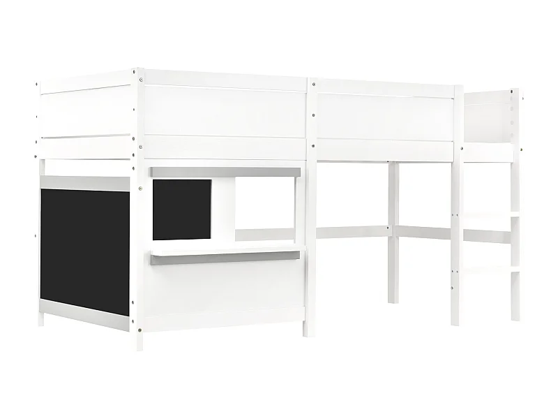 Beliche 90x200 cm com prancheta e escada, grades, estrutura em pinho maciço, branco