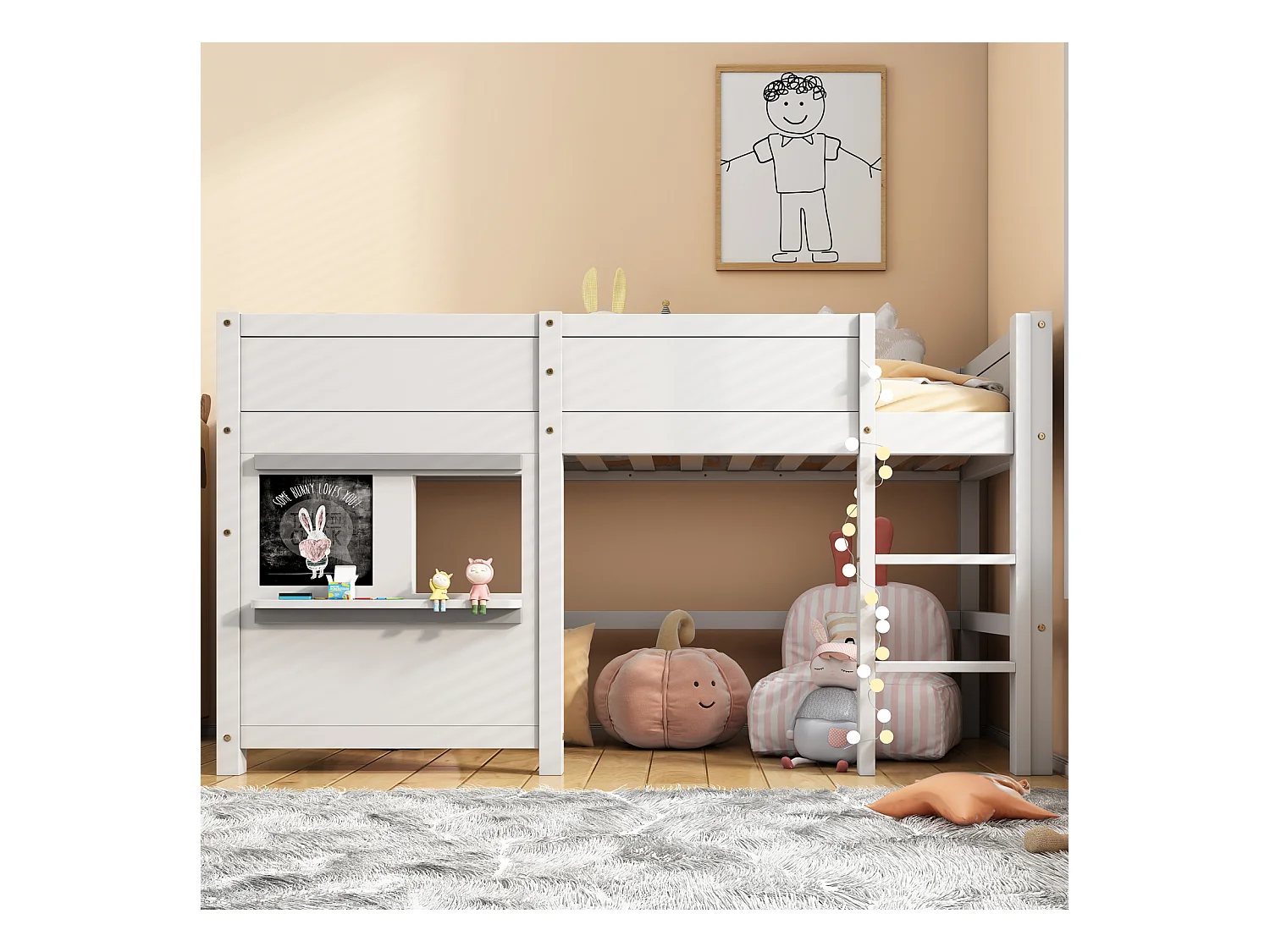 Beliche 90x200 cm com prancheta e escada, grades, estrutura em pinho maciço, branco