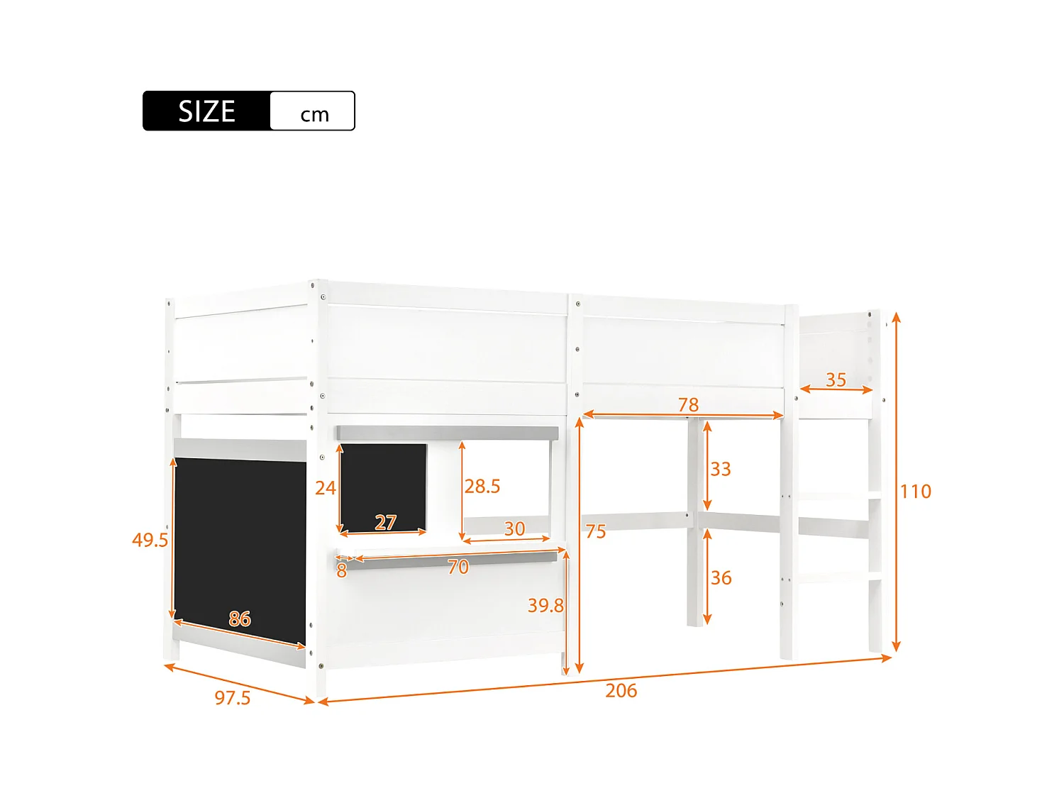 Beliche 90x200 cm com prancheta e escada, grades, estrutura em pinho maciço, branco