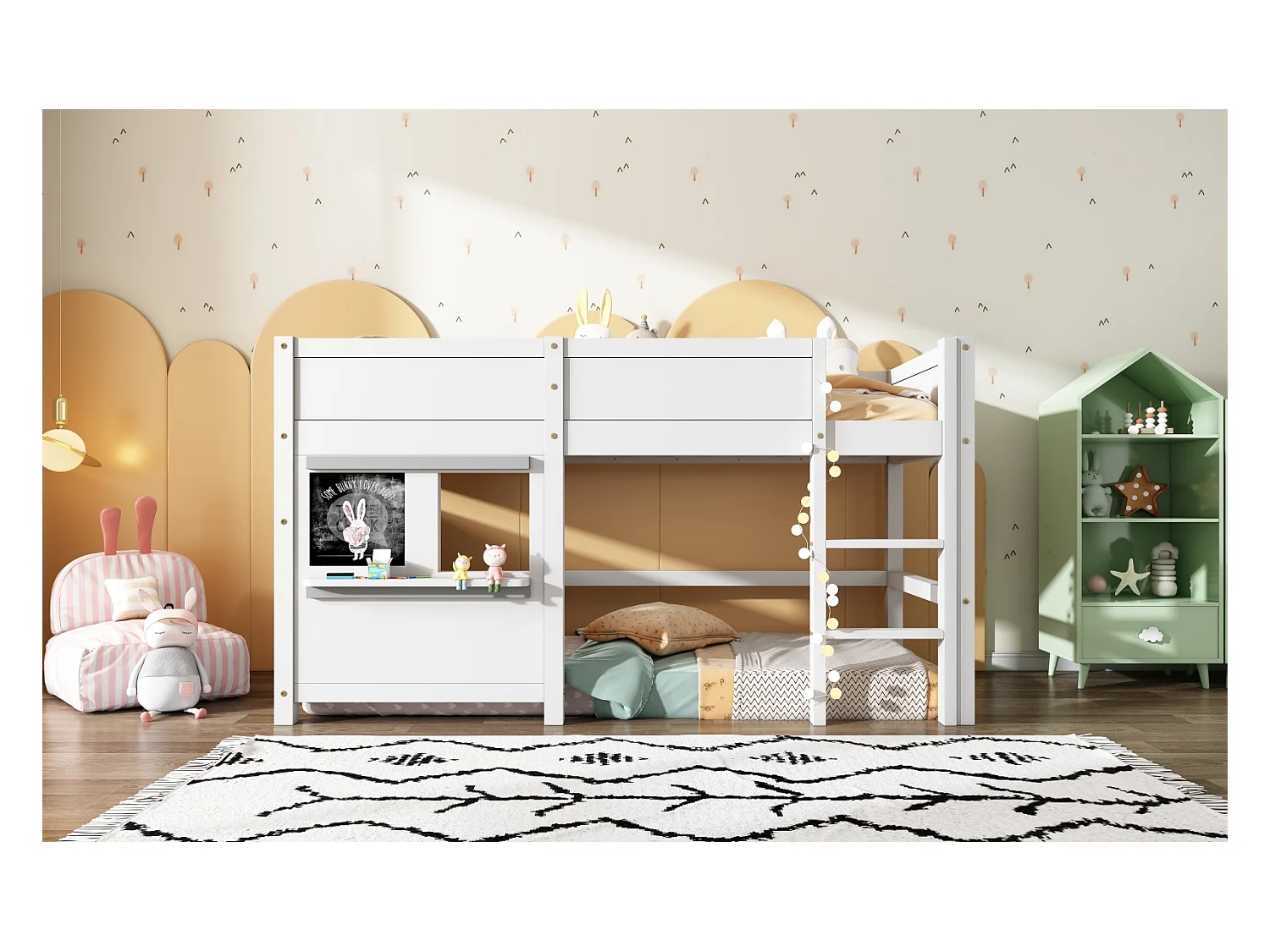 Beliche 90x200 cm com prancheta e escada, grades, estrutura em pinho maciço, branco