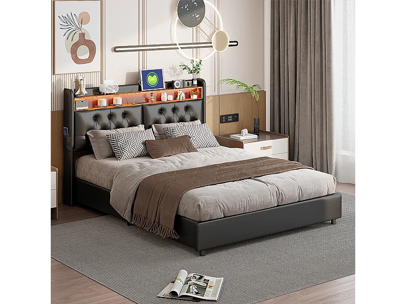 Cama de casal 140 x 200 cm, cama de casal com USB e LED, cama estofada com estrado de ripas, PU, Preto
