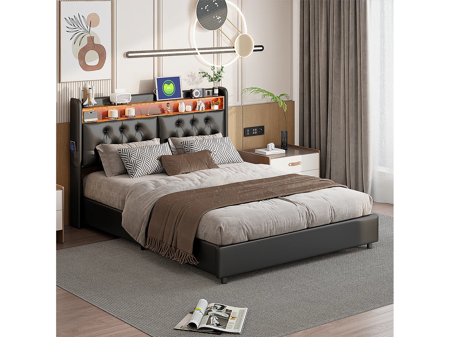 Lit double 140 x 200 cm, lit double avec USB et LED, lit rembourré avec sommier à lattes, PU, Noir