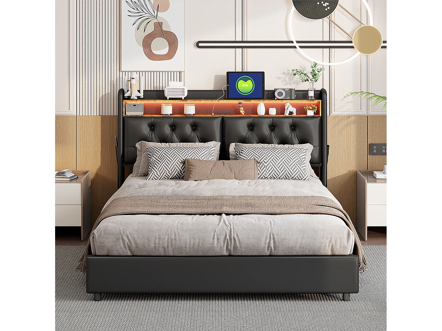 Lit double 140 x 200 cm, lit double avec USB et LED, lit rembourré avec sommier à lattes, PU, Noir