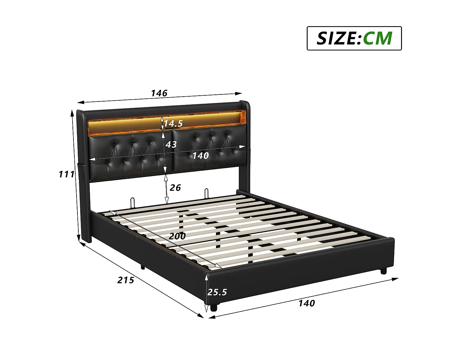 Lit double 140 x 200 cm, lit double avec USB et LED, lit rembourré avec sommier à lattes, PU, Noir