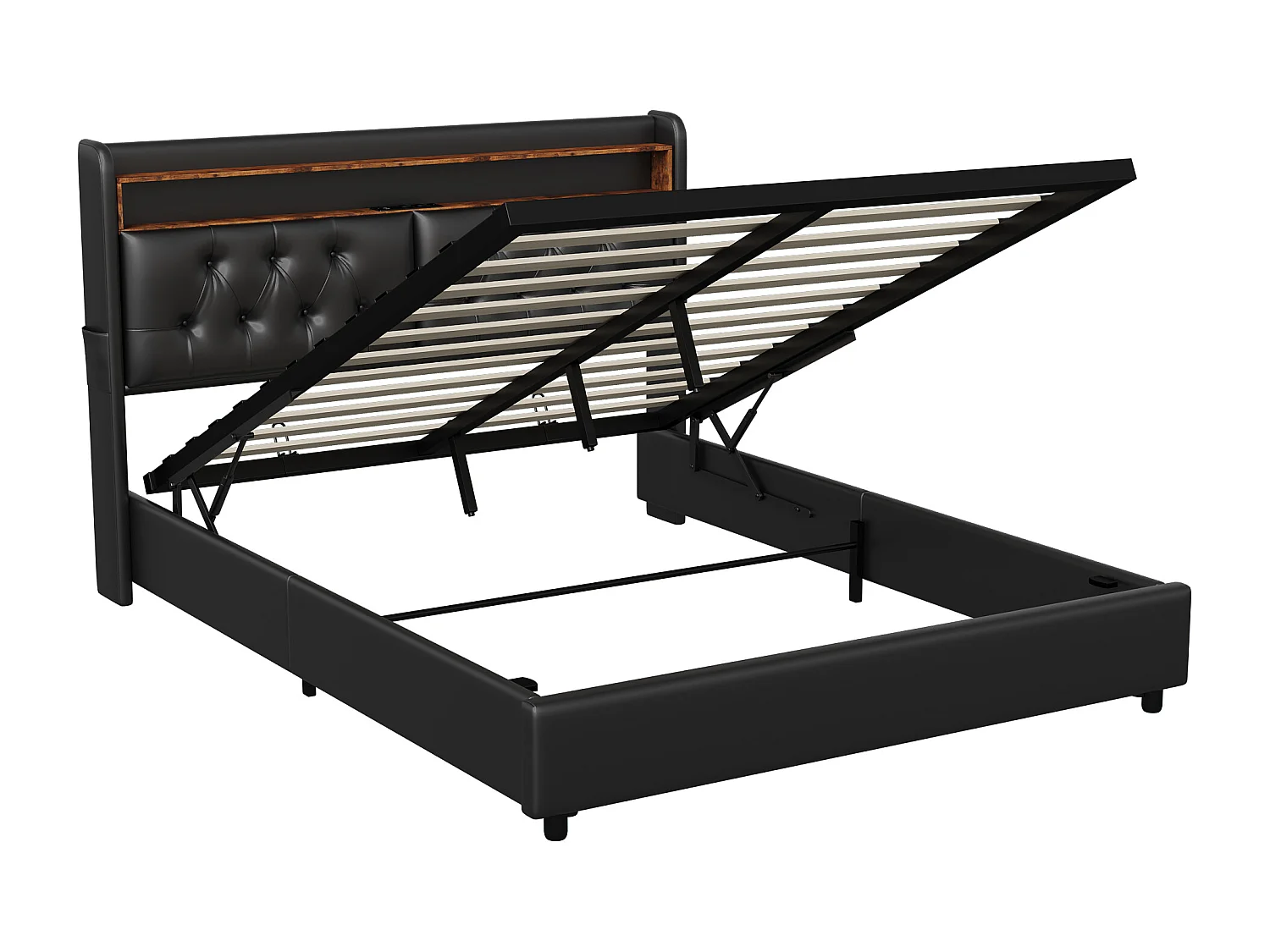 Lit double 140 x 200 cm, lit double avec USB et LED, lit rembourré avec sommier à lattes, PU, Noir