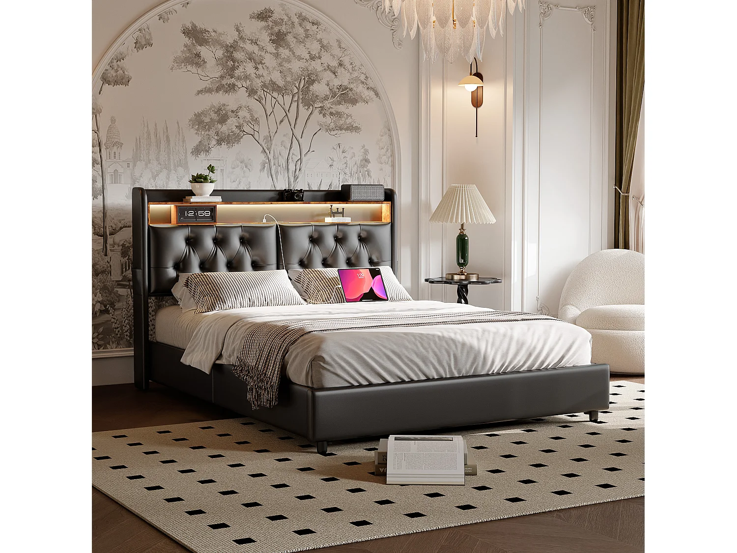 Lit double 140 x 200 cm, lit double avec USB et LED, lit rembourré avec sommier à lattes, PU, Noir