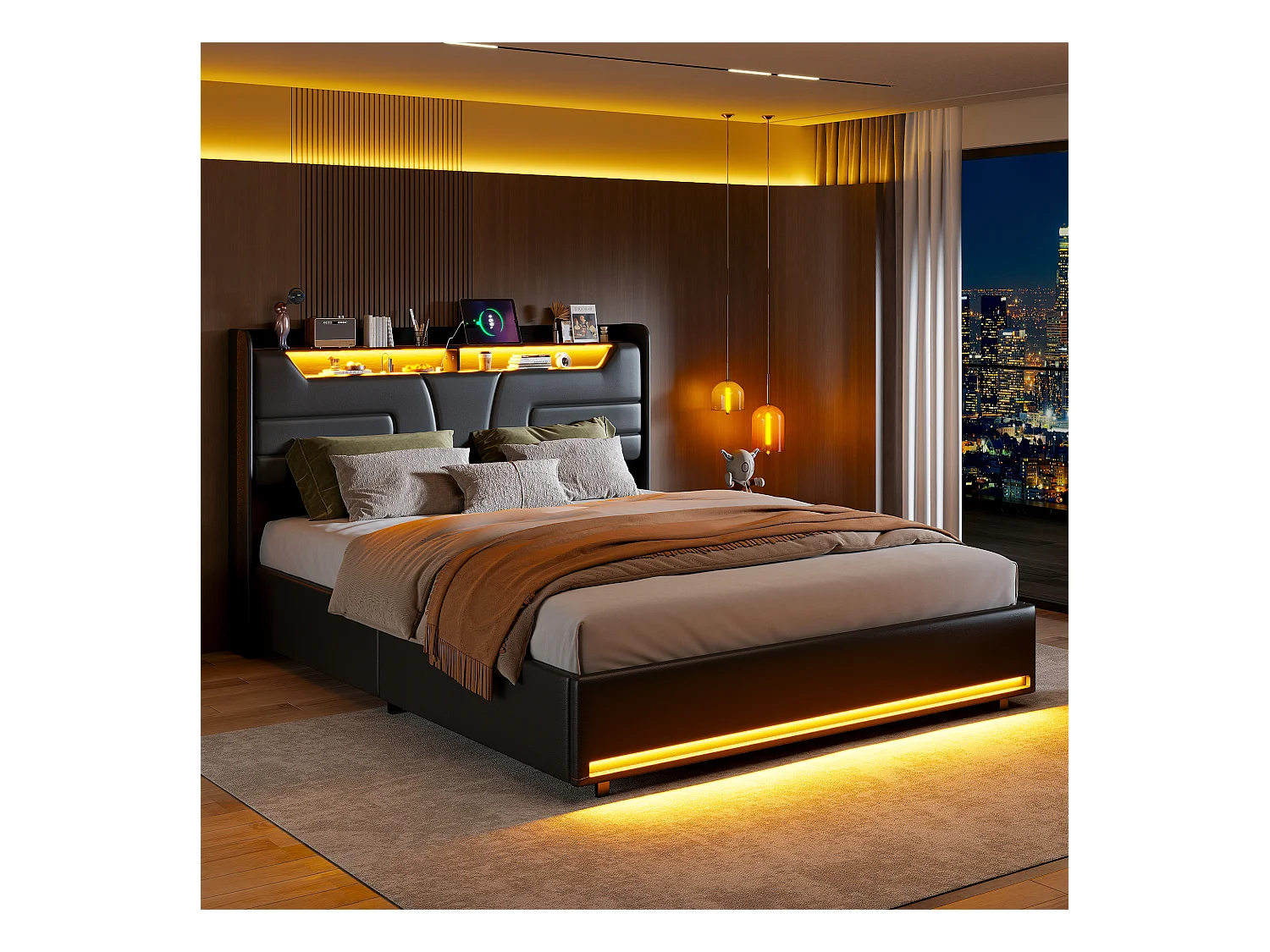 Lit Coffre 160 x 200 cm, avec LED et Port USB, Lit Double Rembourré avec Tete de lit, PU, Noir