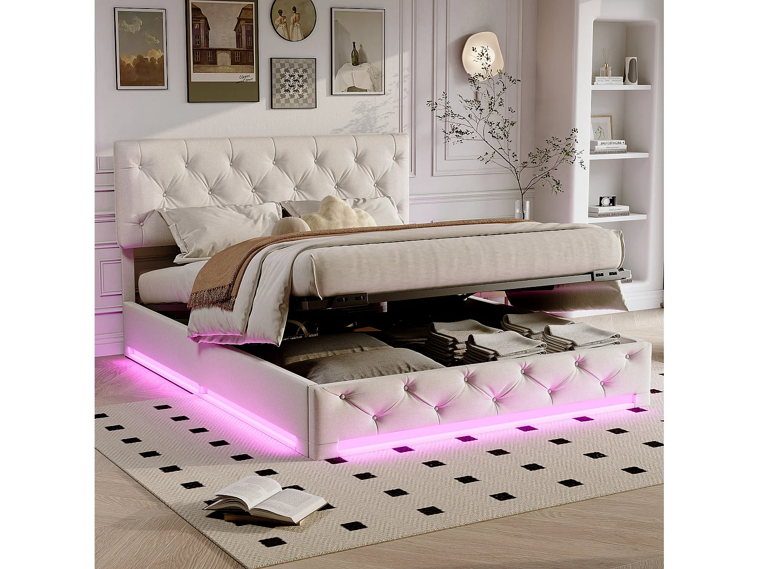 Lit double rembourré, 160 x 200 cm, avec éclairage LED, avec sommier à lattes et espace de rangement, avec tête de lit, lin, beige