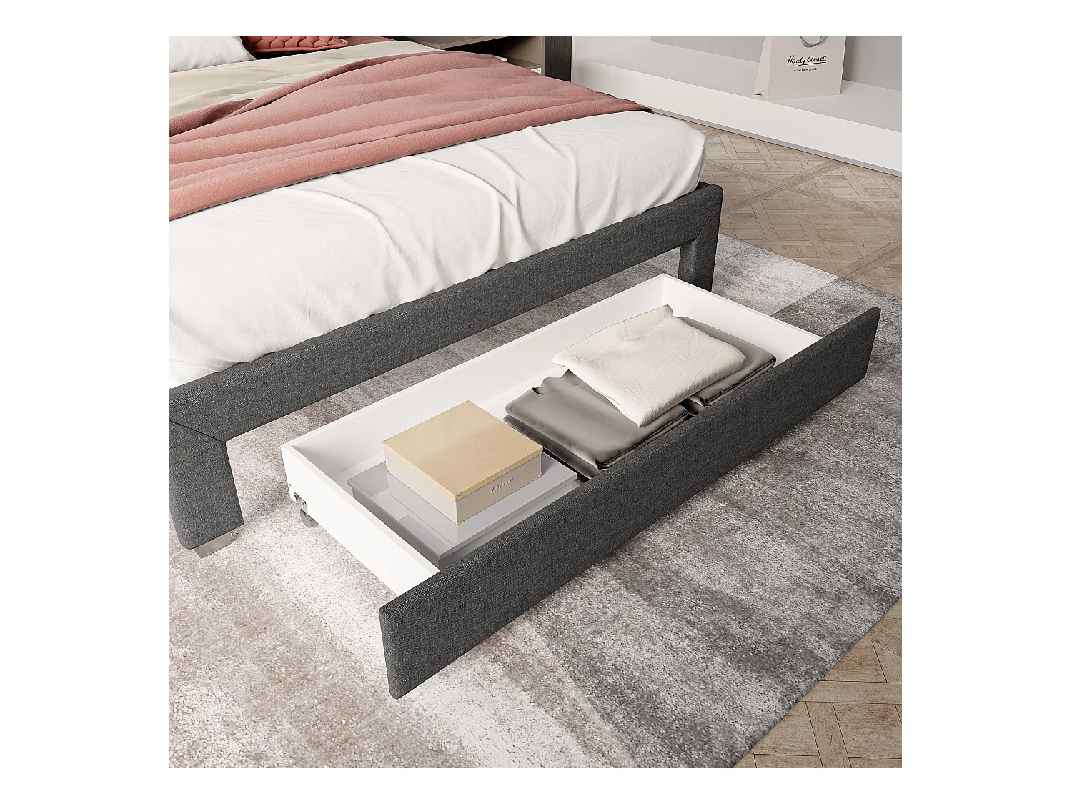 Cama de casal 180 x 200 cm, com LED e USB, gaveta de cama com gavetas, estrado de ripas, cinza escuro