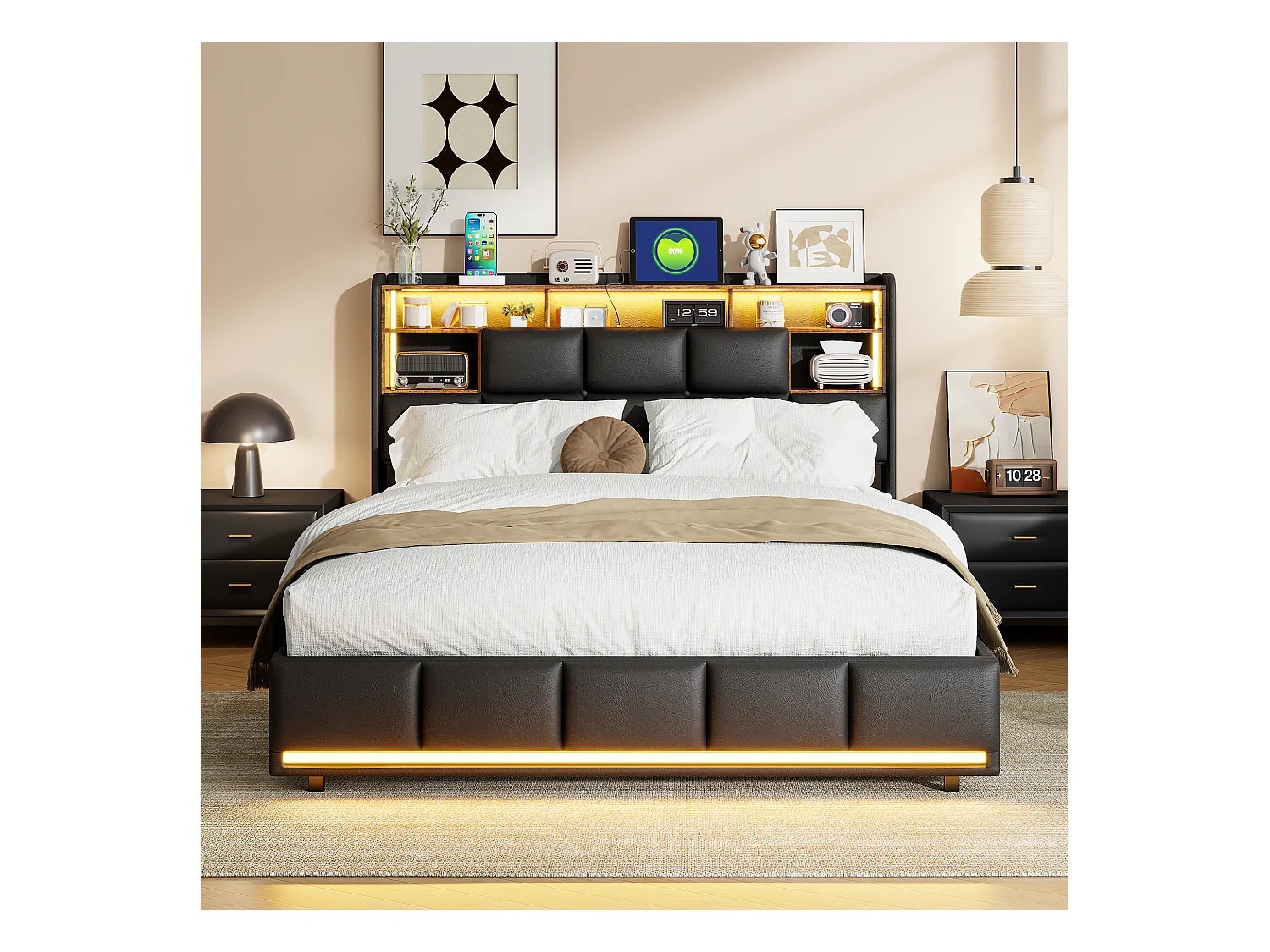 Opbergbed 160x200cm met onderstel, LED en USB en lattenbodem, oplaadfunctie, PU, zwart