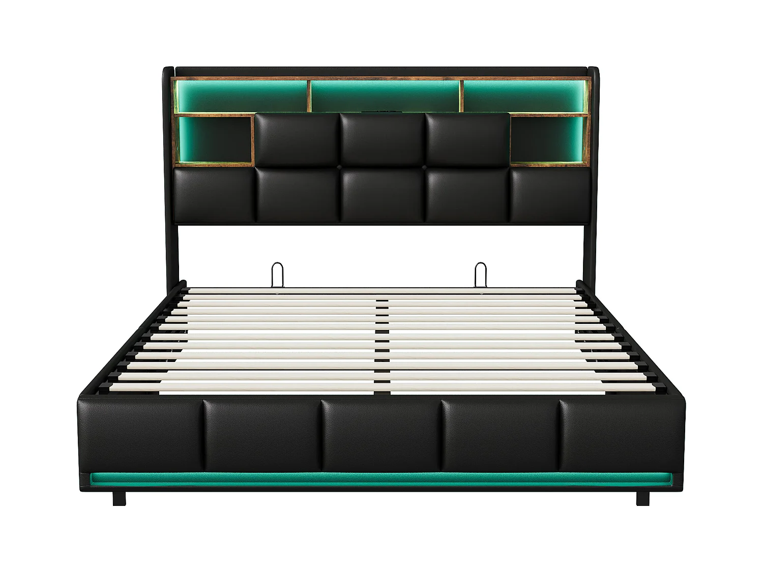 Opbergbed 160x200cm met onderstel, LED en USB en lattenbodem, oplaadfunctie, PU, zwart