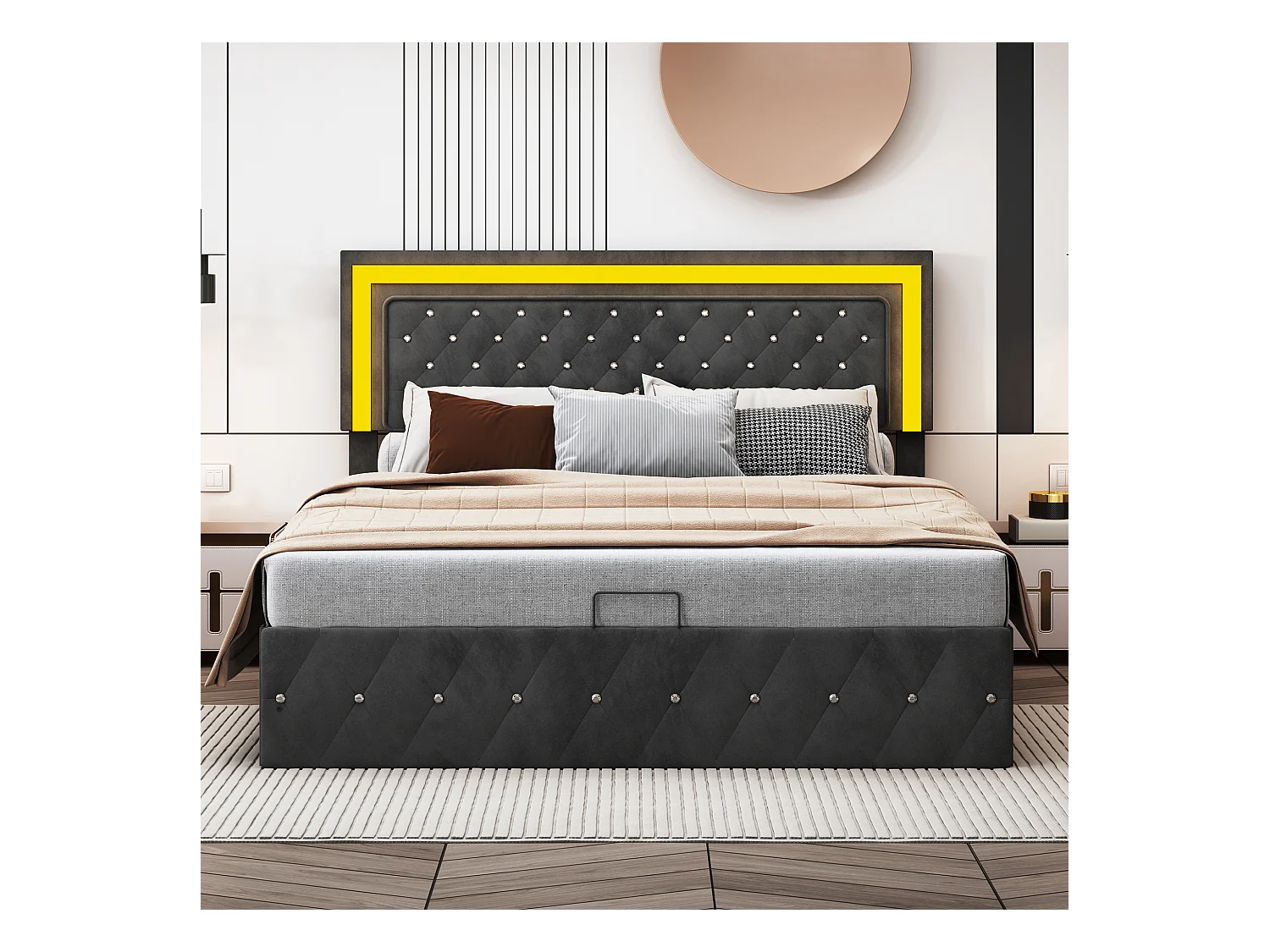 Lit Coffre 160x200 cm avec LED et Rangement,Lit 2 Personnes avec tête de lit réglable,Velours,Noir