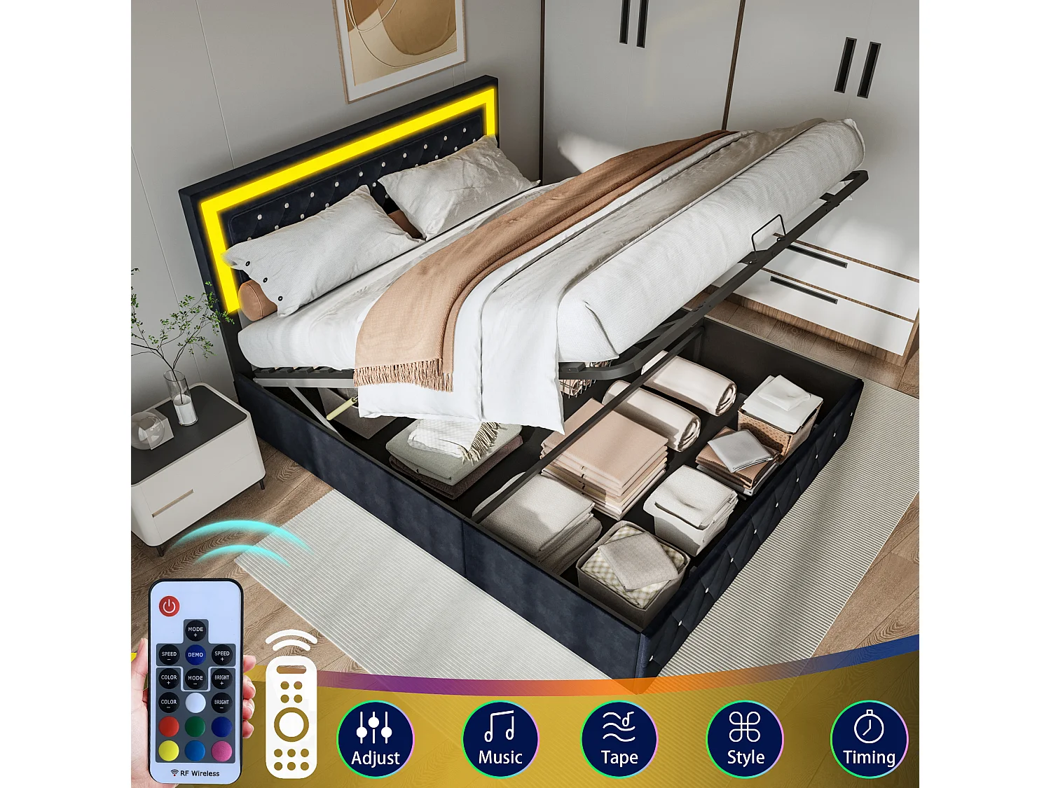 Lit Coffre 160x200 cm avec LED et Rangement,Lit 2 Personnes avec tête de lit réglable,Velours,Noir