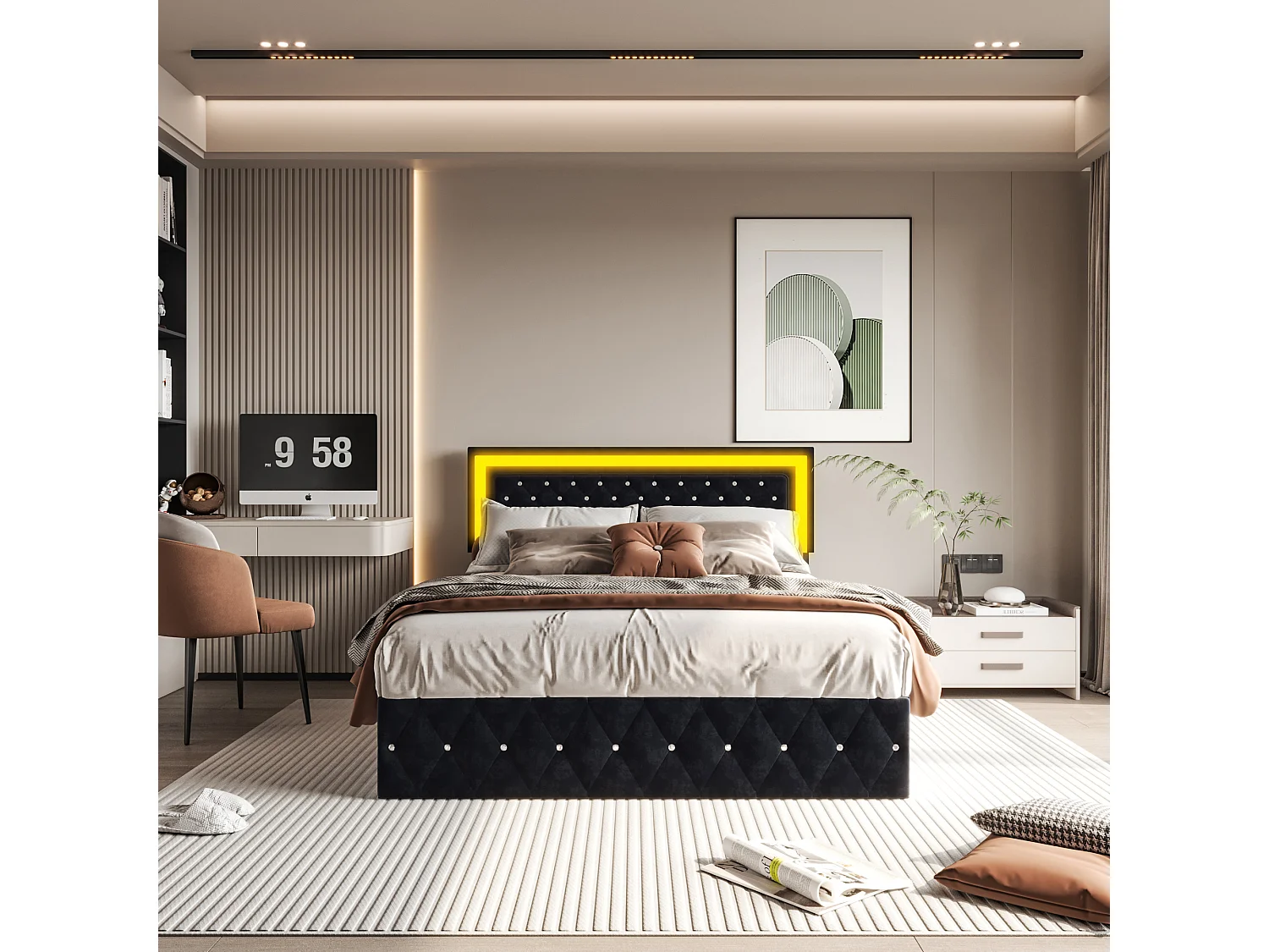 Letto contenitore 160x200 cm con LED e contenitore, letto matrimoniale con testiera regolabile, velluto, nero