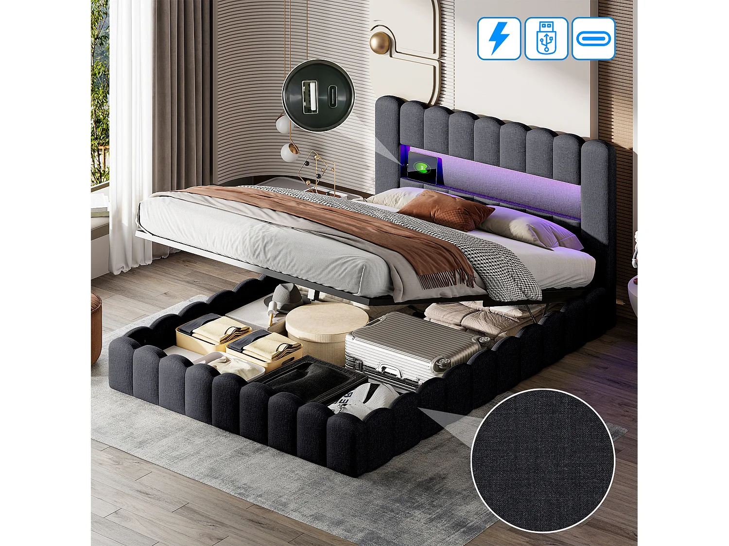 Tweepersoonsbed 140 x 200 cm, hydraulisch, met opbergruimte, LED en lattenbodem, linnen, Grijs