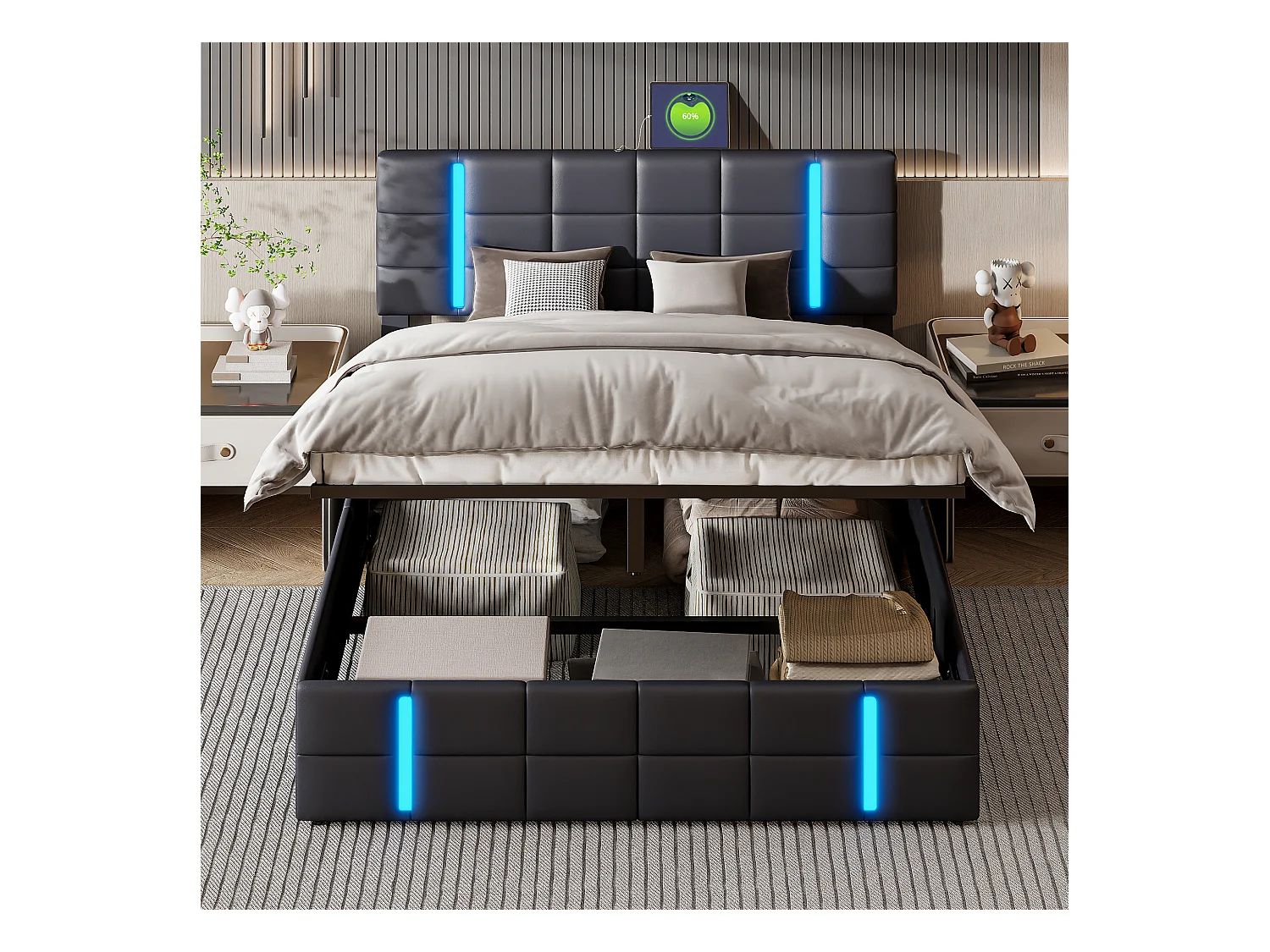 Letto matrimoniale imbottito 140 x 200 cm, con LED, struttura letto con telaio e rete a doghe, PU, Nero