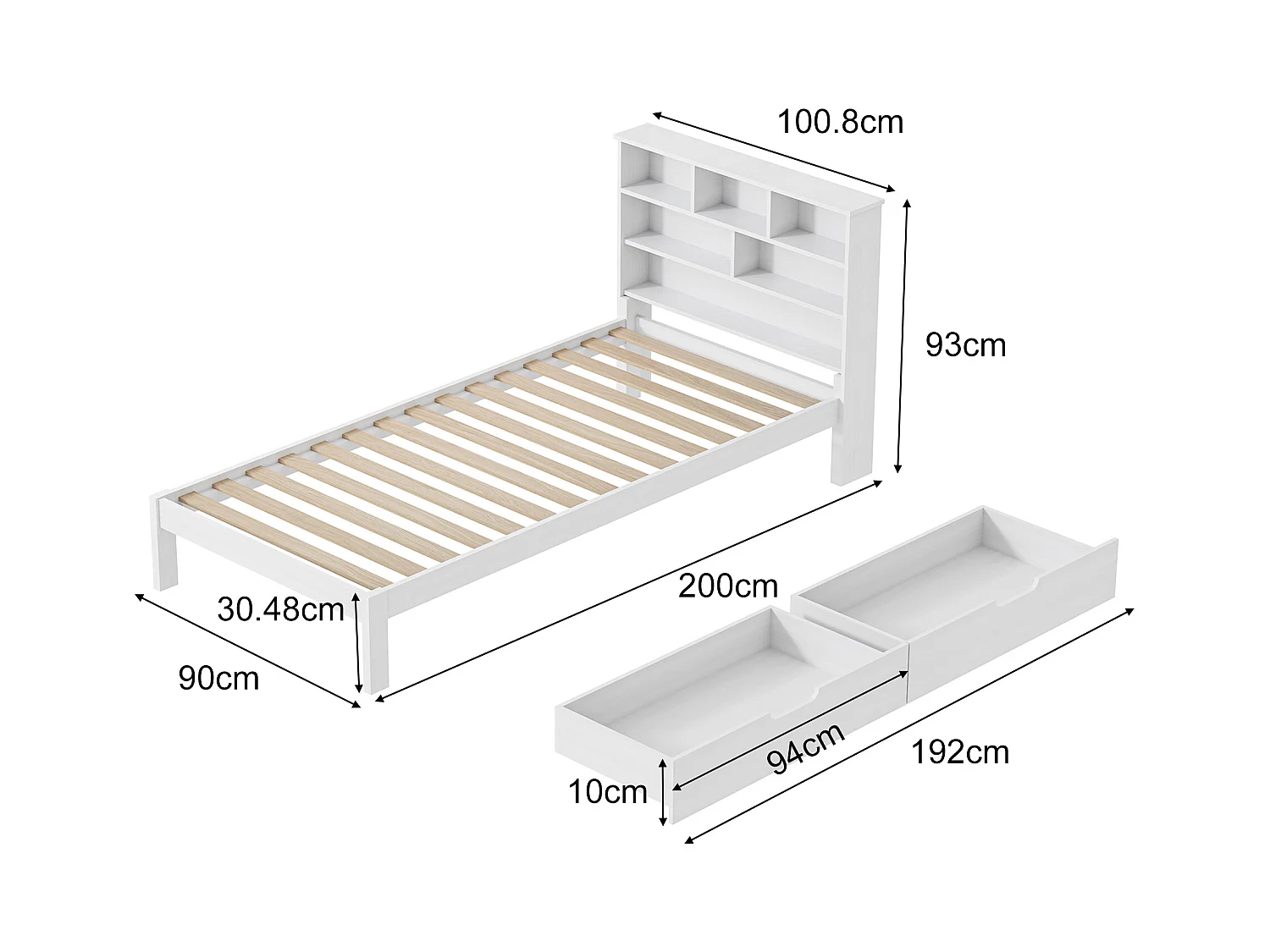 Generiek bed 90x200 cm met onderstel en 2 lades, hoofdbord met opbergruimte, wit