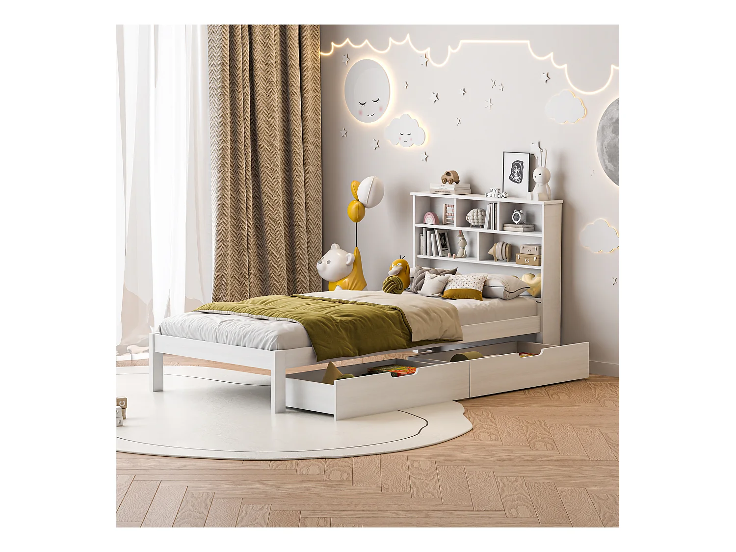 Generiek bed 90x200 cm met onderstel en 2 lades, hoofdbord met opbergruimte, wit