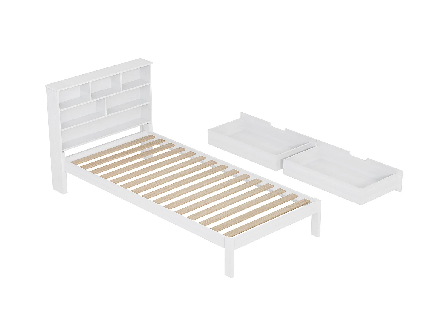 Generiek bed 90x200 cm met onderstel en 2 lades, hoofdbord met opbergruimte, wit