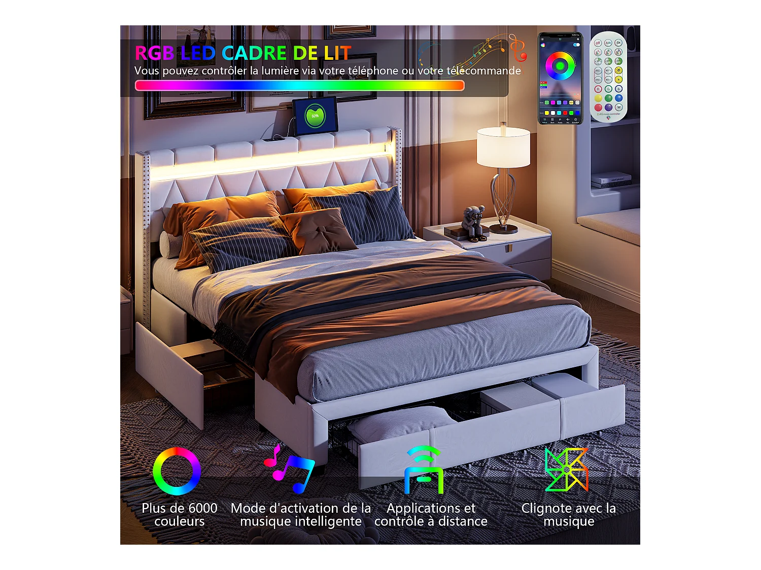 Letto contenitore 160x200, letto matrimoniale con LED, letto imbottito con 4 cassetti contenitore, lino, beige