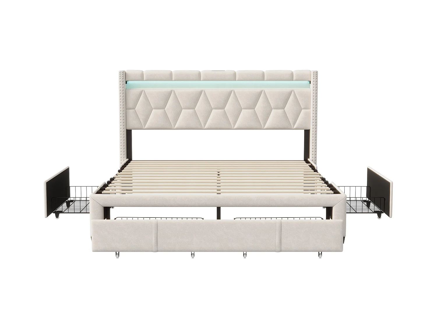 Letto contenitore 160x200, letto matrimoniale con LED, letto imbottito con 4 cassetti contenitore, lino, beige