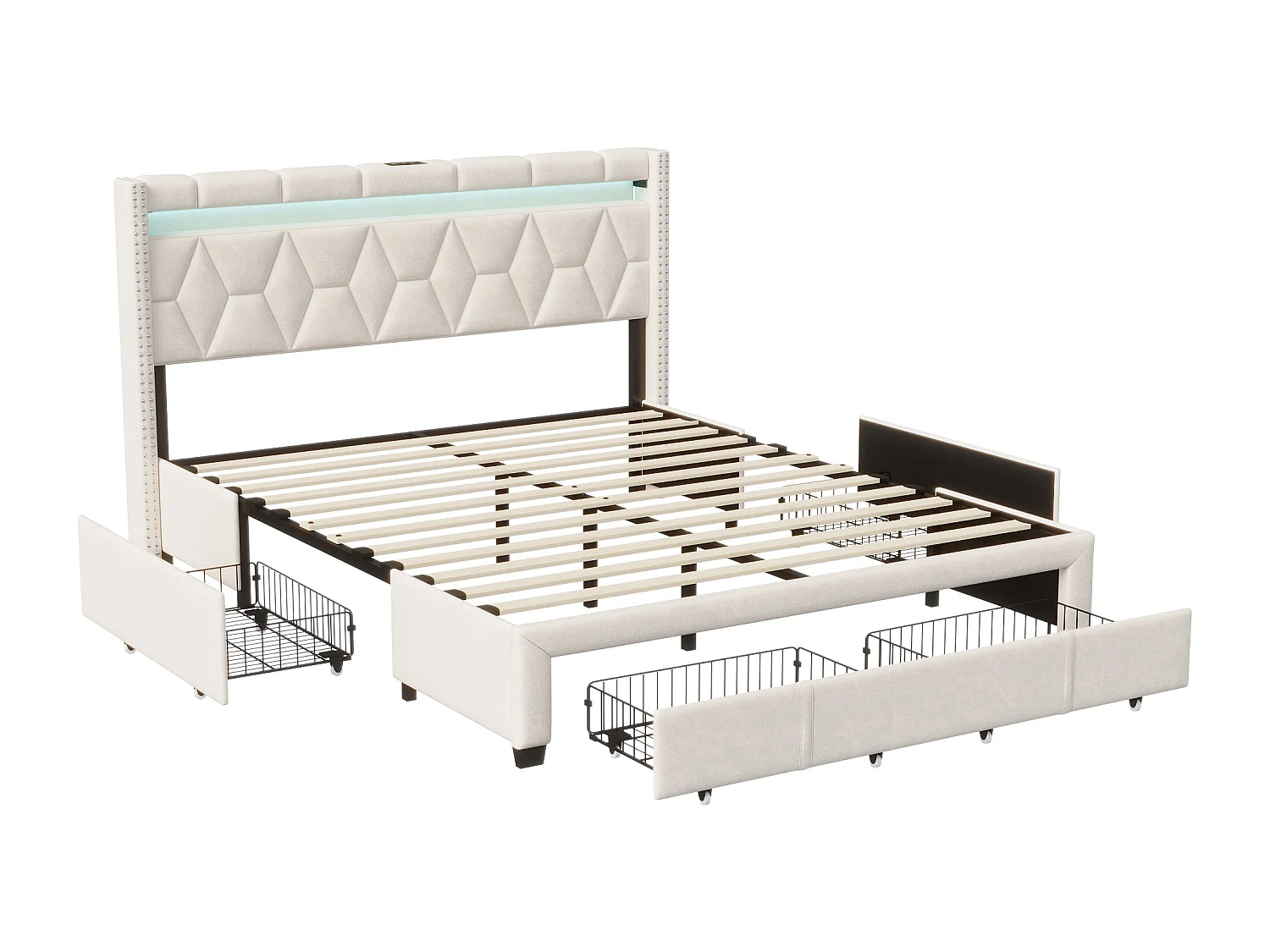 Lit Coffre 160x200 avec LED - Lit 2 Personnes avec sommier et tiroirs,   Tête de lit capitonnée avec étagères, Rangement et Ports USB/Type-c, Beige