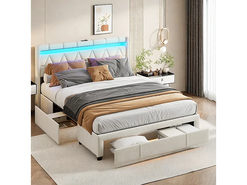 Lit Coffre 160x200 avec LED - Lit 2 Personnes avec sommier et tiroirs,   Tête de lit capitonnée avec étagères, Rangement et Ports USB/Type-c, Beige