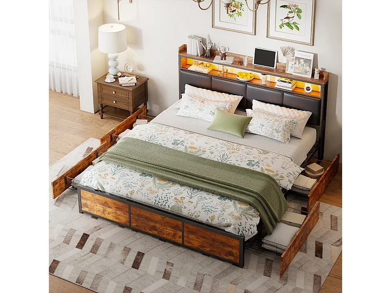 Bedframe 180 x 200 met metalen onderstel, tweepersoonsbed met opbergruimte en led-verlichting, PU, zwart