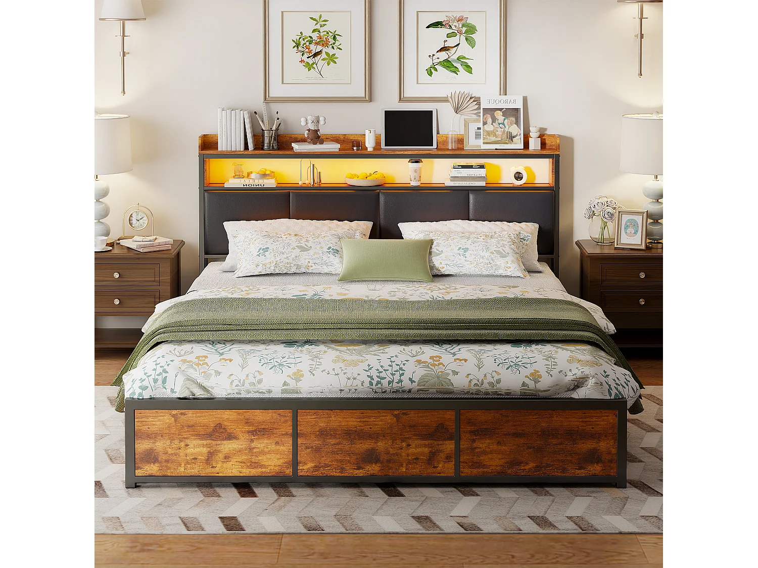 Bedframe 180 x 200 met metalen onderstel, tweepersoonsbed met opbergruimte en led-verlichting, PU, zwart