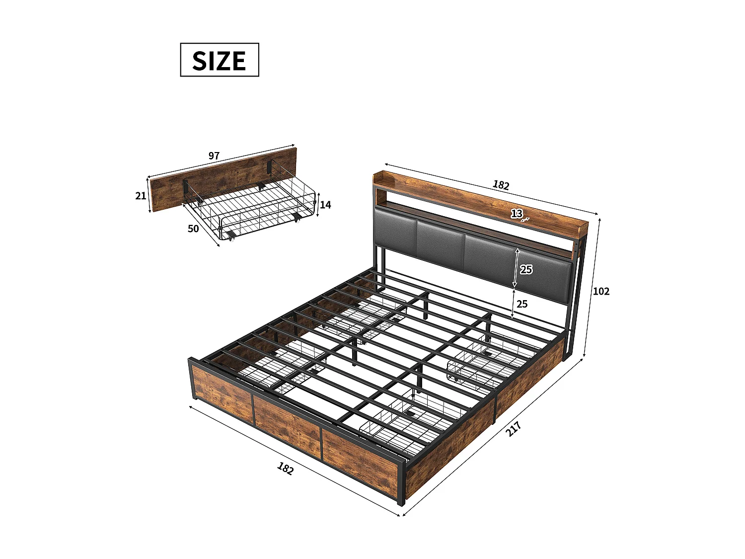 Lit Double LED 180x200 cm avec 4 tiroirs et tête de, lit à tiroirs avec LED, de Rangement, PU, Couleur Peau de Tigre Noire