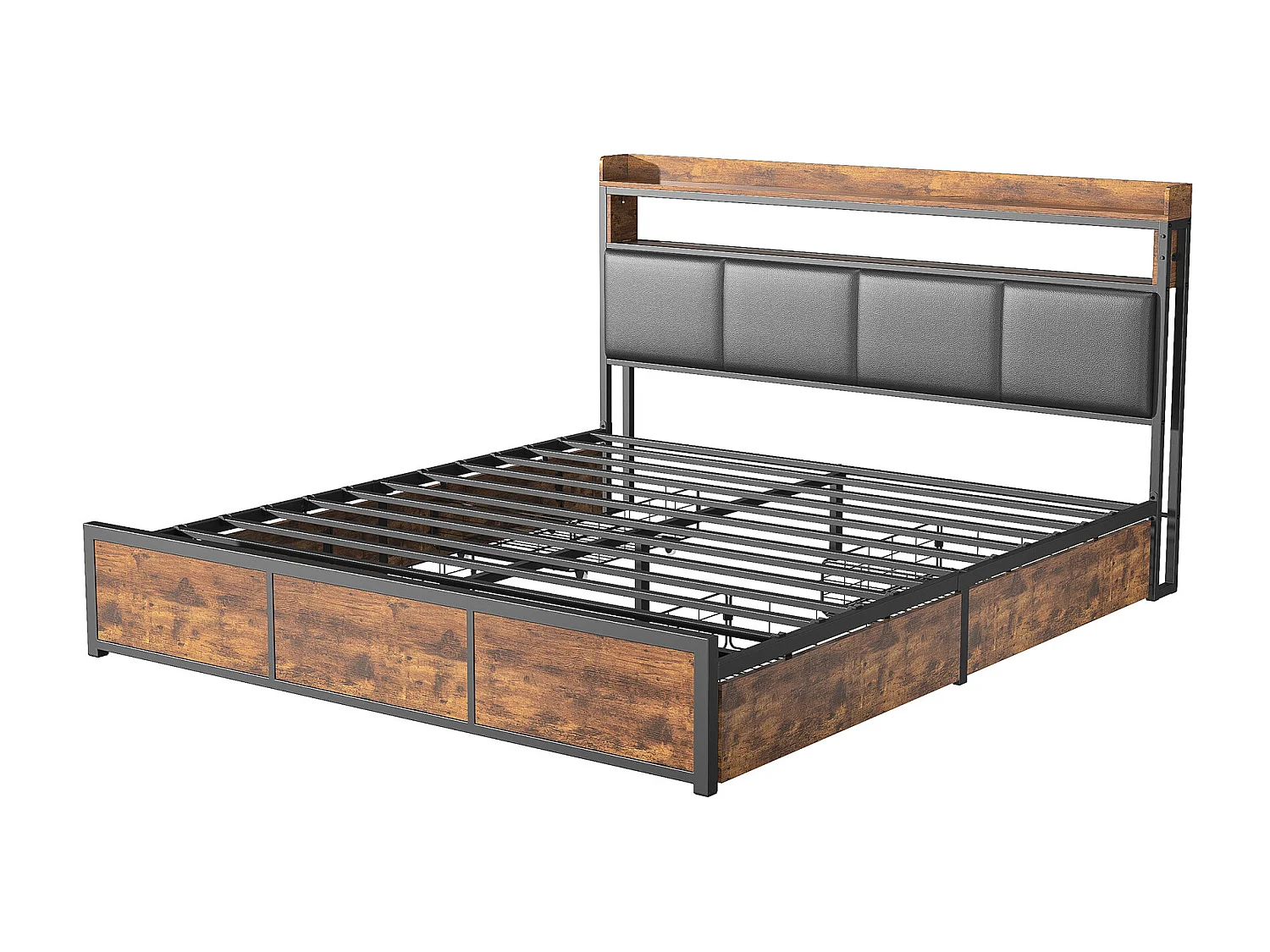 Lit Double LED 180x200 cm avec 4 tiroirs et tête de, lit à tiroirs avec LED, de Rangement, PU, Couleur Peau de Tigre Noire