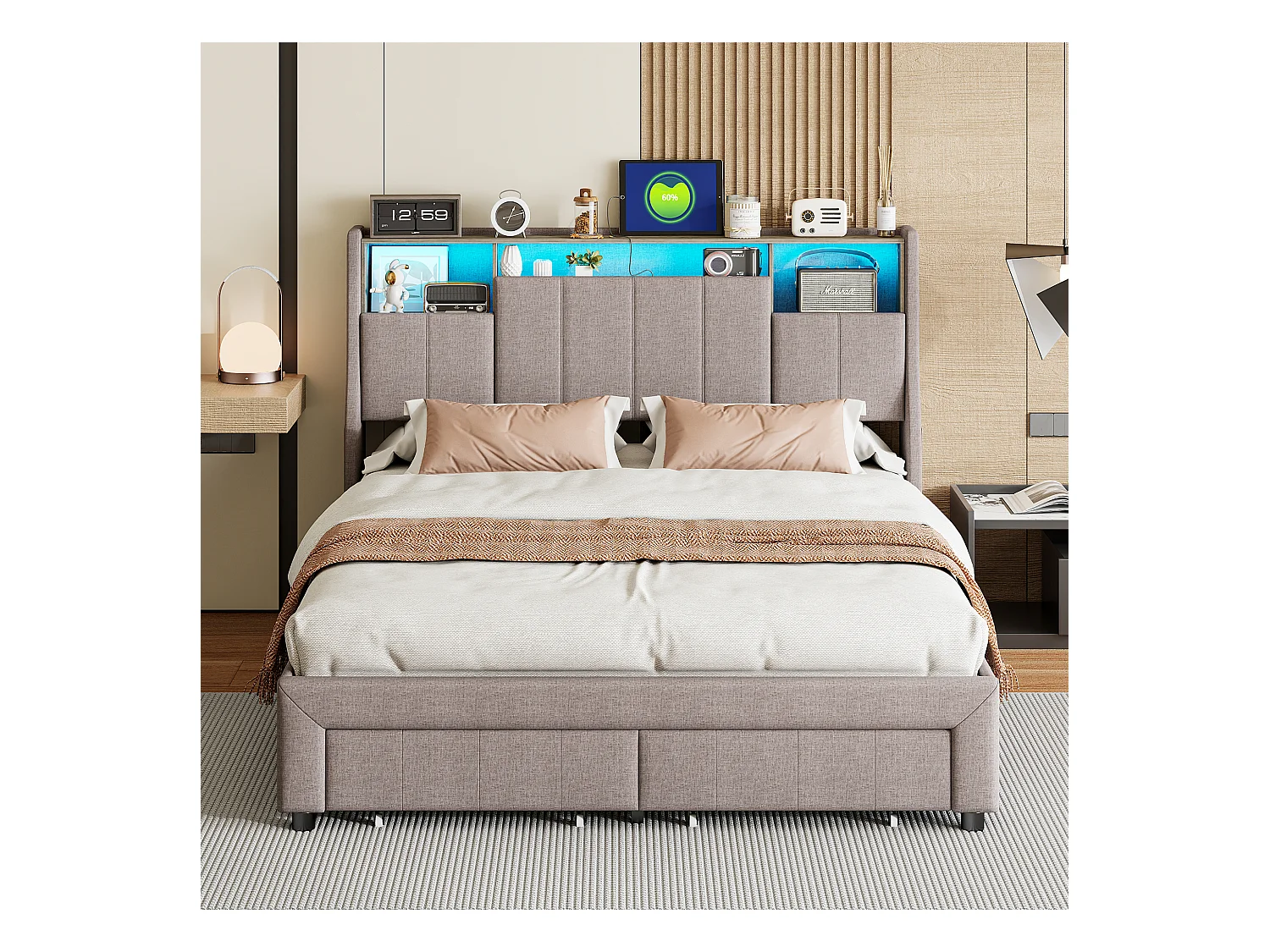 Lit Double capitonné 160x200 cm avec LED et Port USB, Lit rembourré avec 2 tiroirs de Rangement,Gris