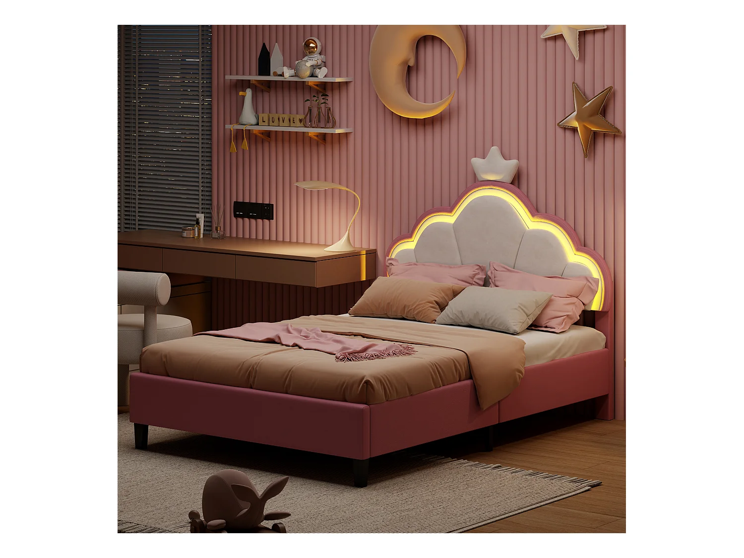 Lit enfant rembourré 90 x 200 cm, LED, tête de lit et sommier à lattes réglables en hauteur, rose