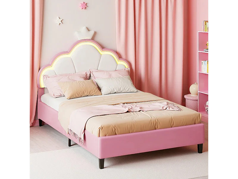 Gestoffeerd kinderbed 90 x 200 cm, LED-verlichting, in hoogte verstelbaar hoofdeinde en lattenbodem, roze