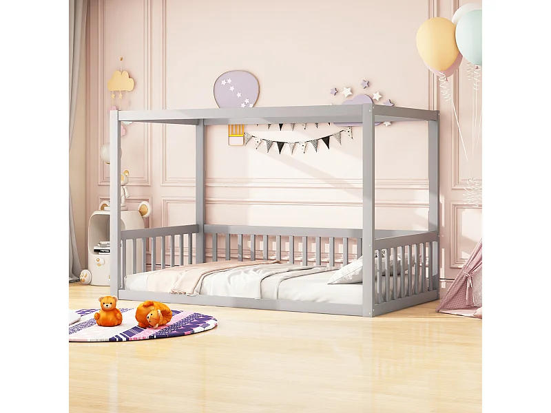 Kinderhimmelbett - 90x200 cm - ohne Lattenrost - Bettgestell - Holz - grau