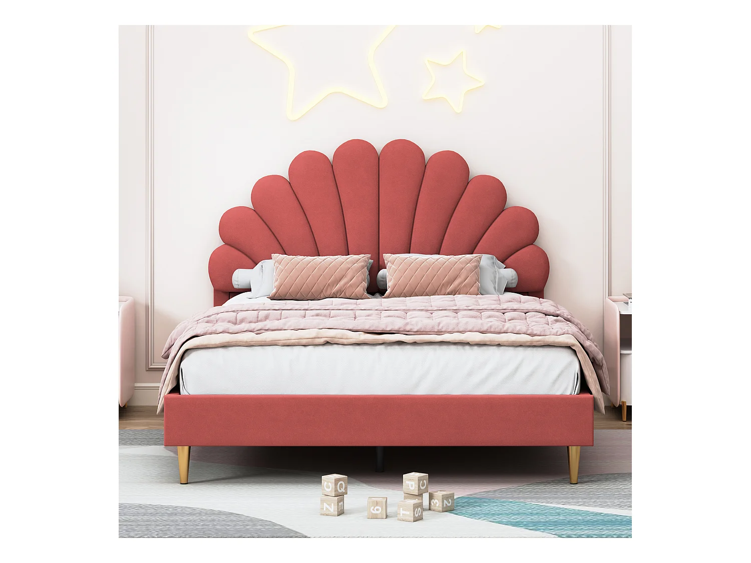 Gestoffeerd bed 140 x 200 cm, tweepersoonsbed met bloemblaadjeshoofdeinde en lattenbodem, fluweel, rood