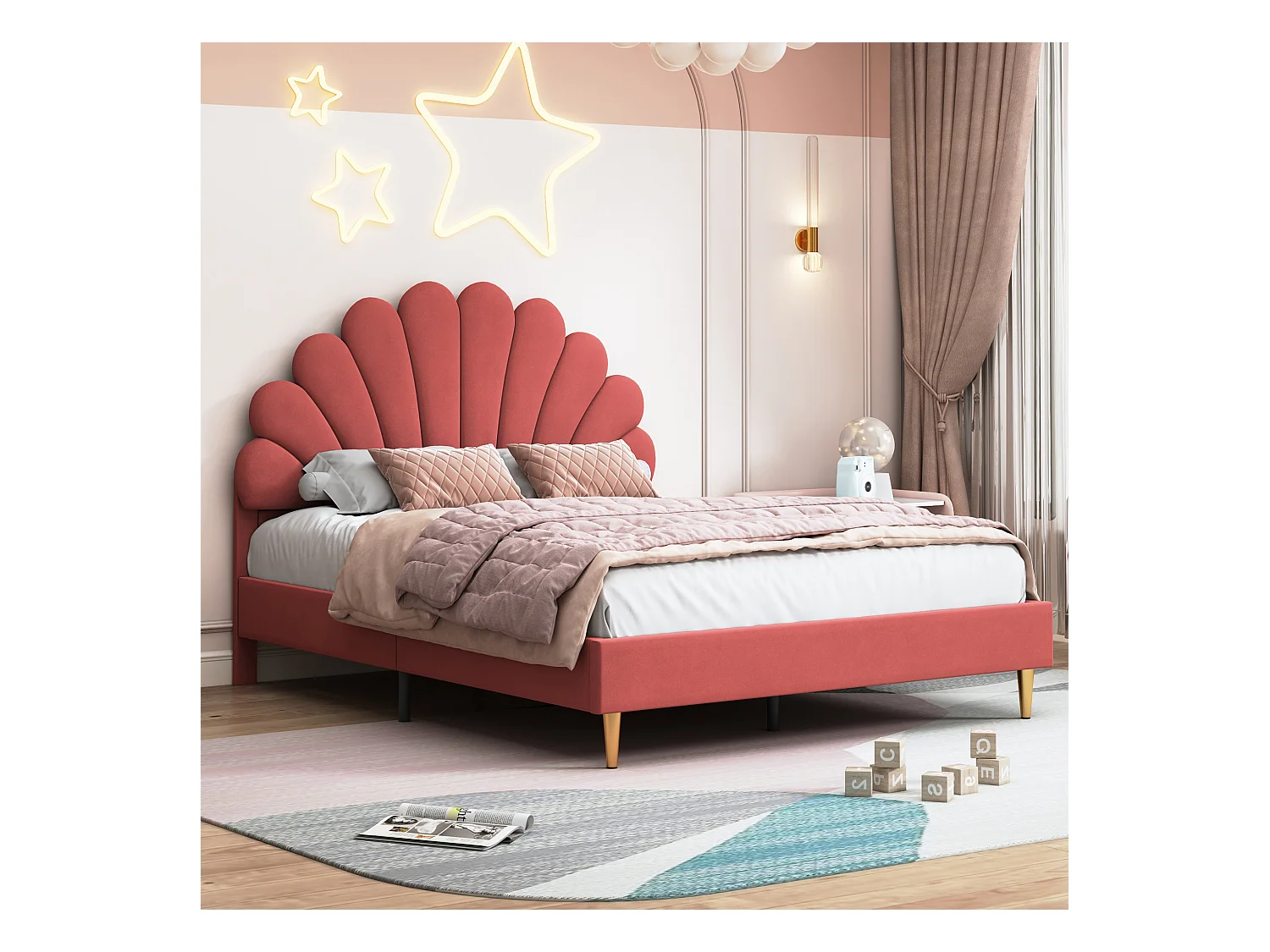 Cama tapizada 140x200 cm, cama doble con cabecero pétalo y somier de láminas, terciopelo, rojo