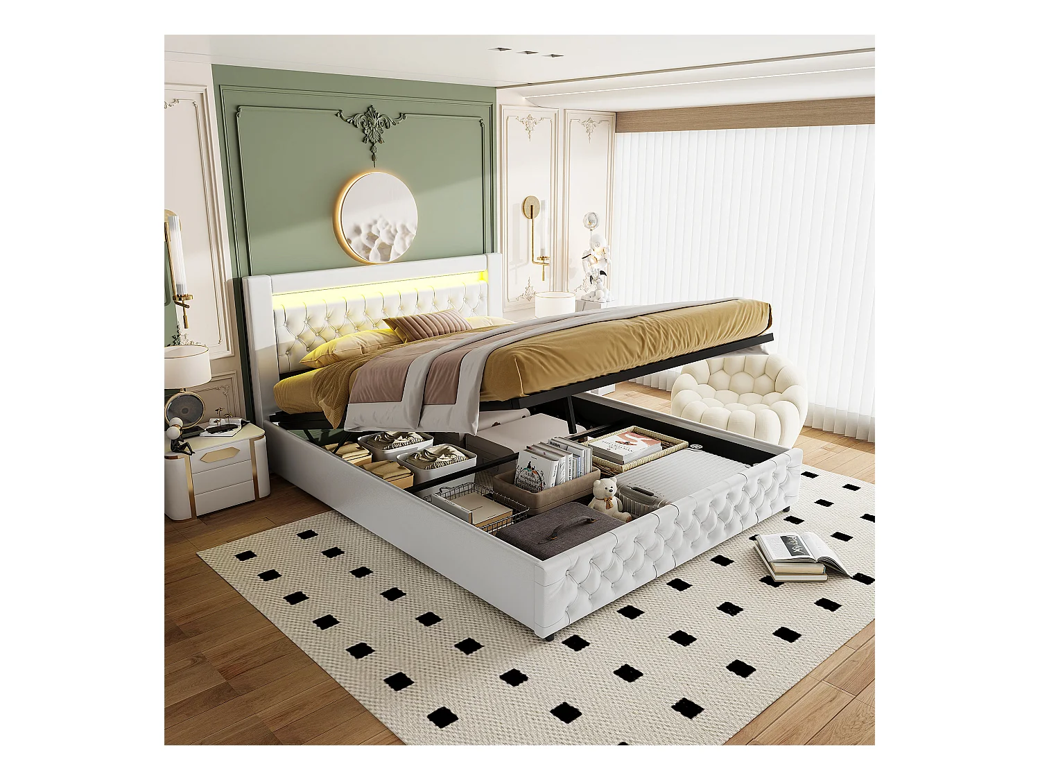 Cama moderna tapizada 140x200 cm con almacenaje hidráulico, cabecero con LED, PU, blanco