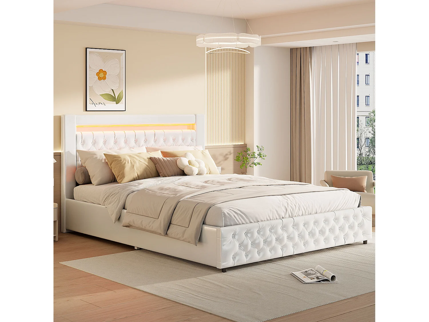 Cama estofada moderna 140 x 200 cm com armazenamento hidráulico, cabeceira com LED, PU, branco