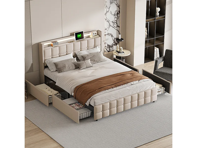 Volwassen bed 160x200 cm, gestoffeerd tweepersoonsbed met 4 lades en led-verlichting, USB-aansluiting en hoofdeinde, linnen, beige